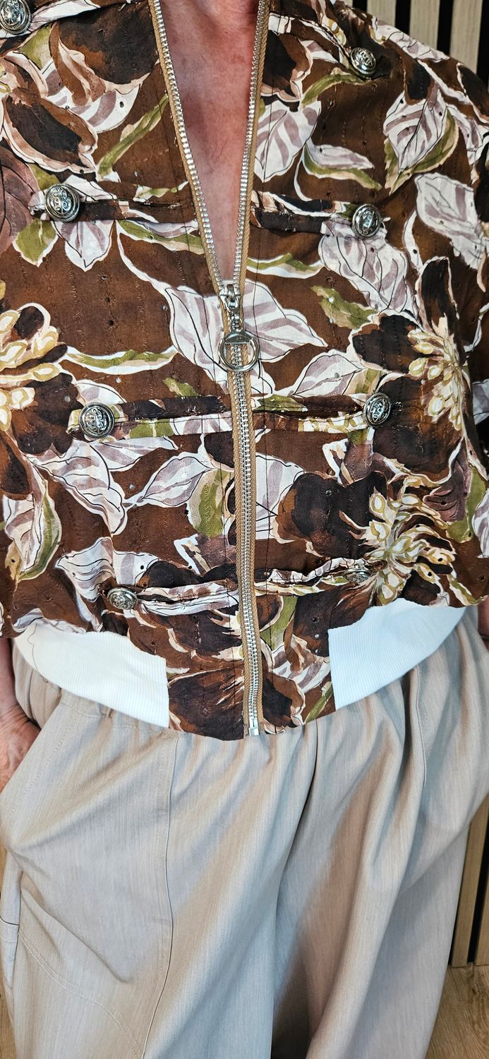 Military Style Floral Cotton Zip Jacket