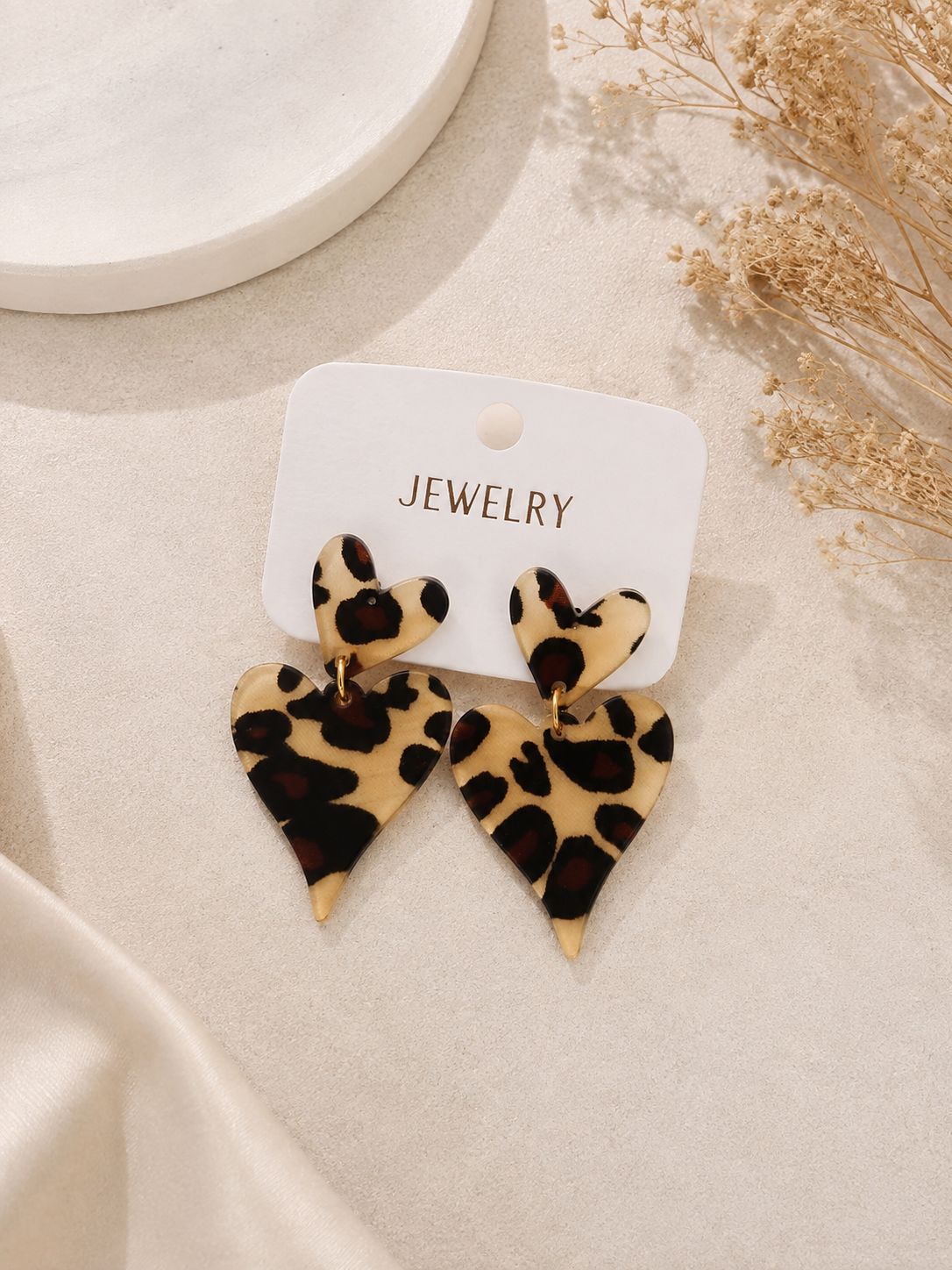 Leopard Print Heart Drop Earrings