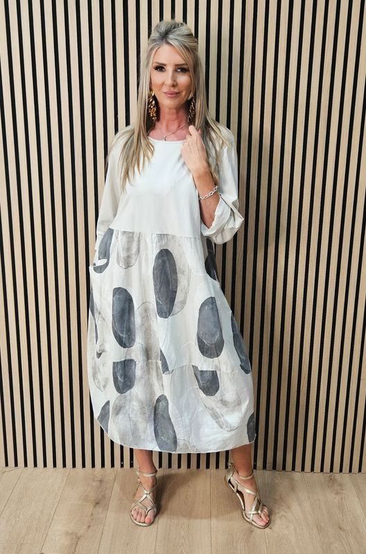 Abstract Spot Print Cotton Dress – Stone Abstract Spot Print Cotton Dress – Stone