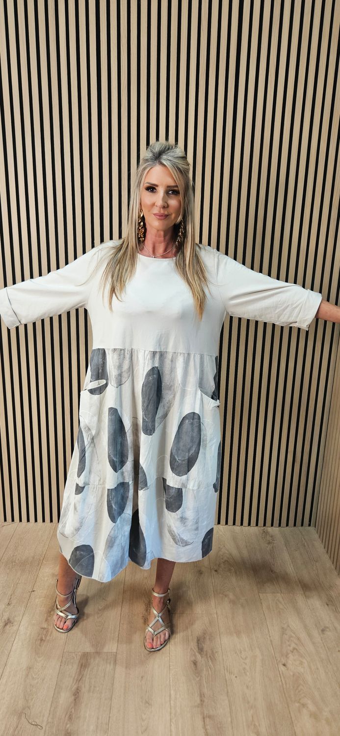Abstract Spot Print Cotton Dress – Stone