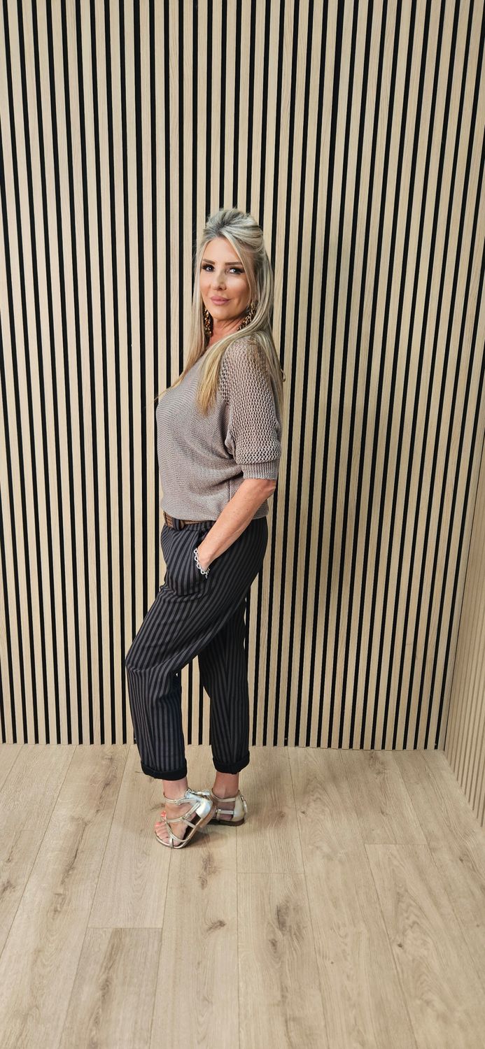 Stripe Belted Stretch Trousers – Chocolate/black