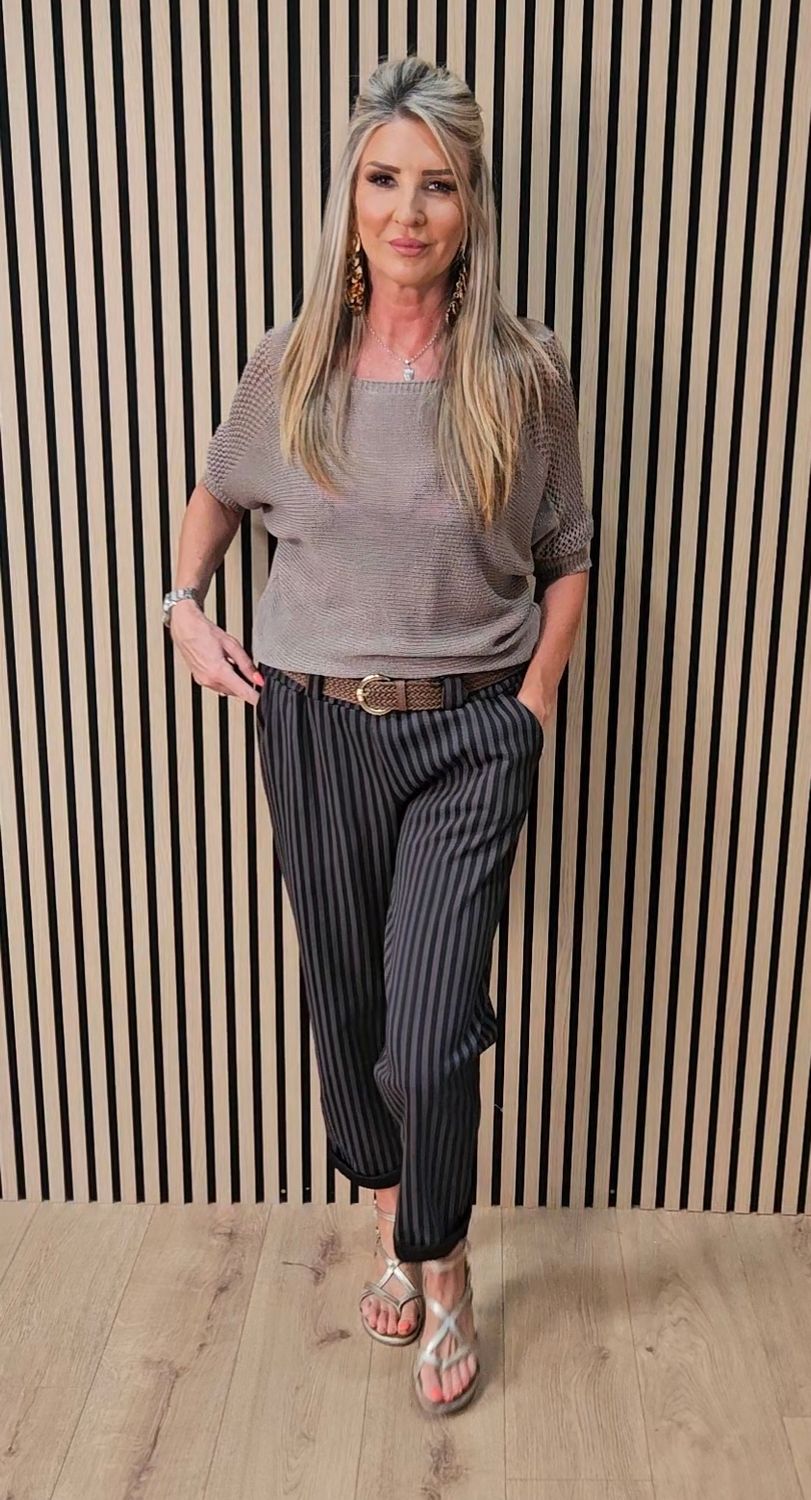 Stripe Belted Stretch Trousers – Chocolate/black