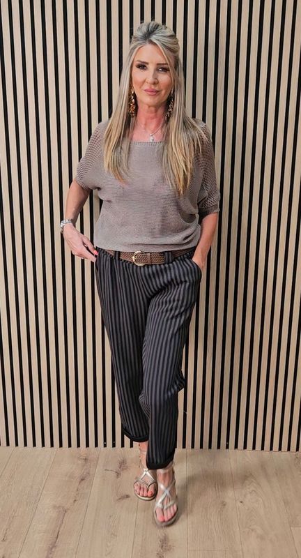 Stripe Belted Stretch Trousers – Chocolate/black