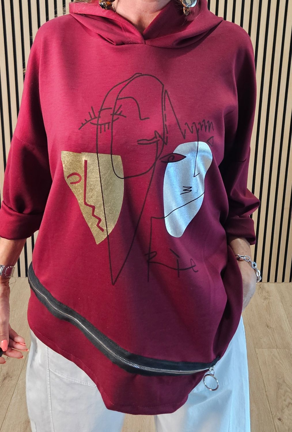Abstract Face Zip Detail Hooded Top