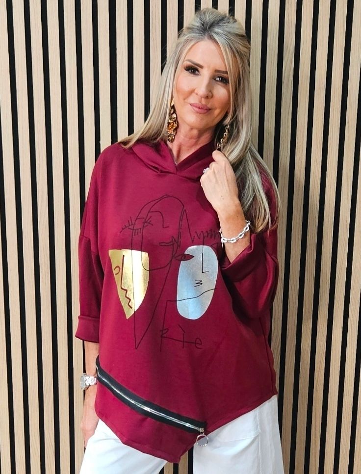 Abstract Face Zip Detail Hooded Top
