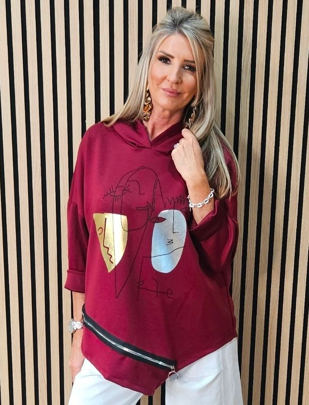 Abstract Face Zip Detail Hooded Top