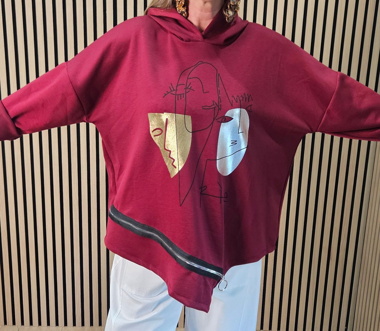 Abstract Face Zip Detail Hooded Top