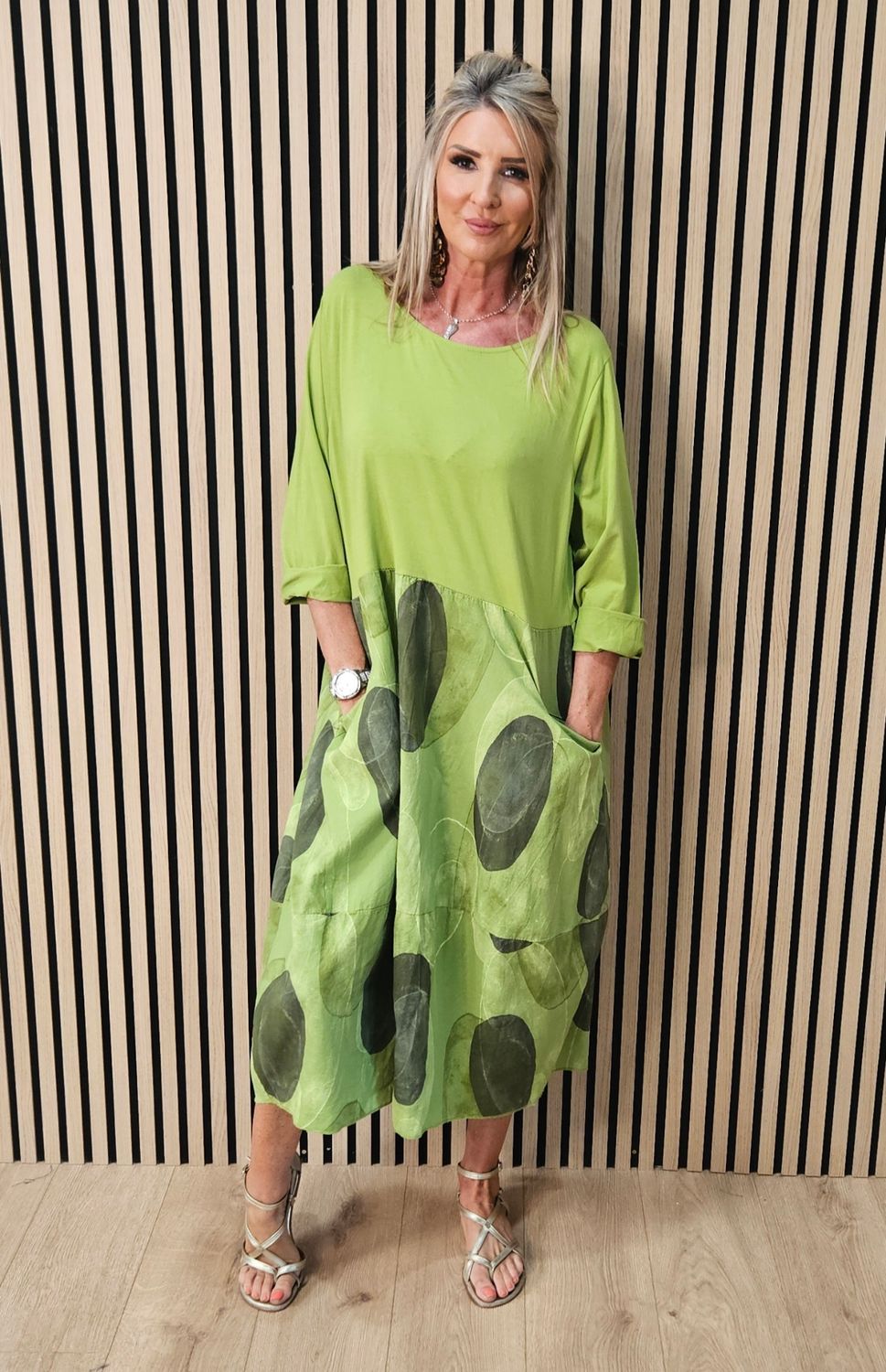 Abstract Spot Print Cotton Dress – Lime