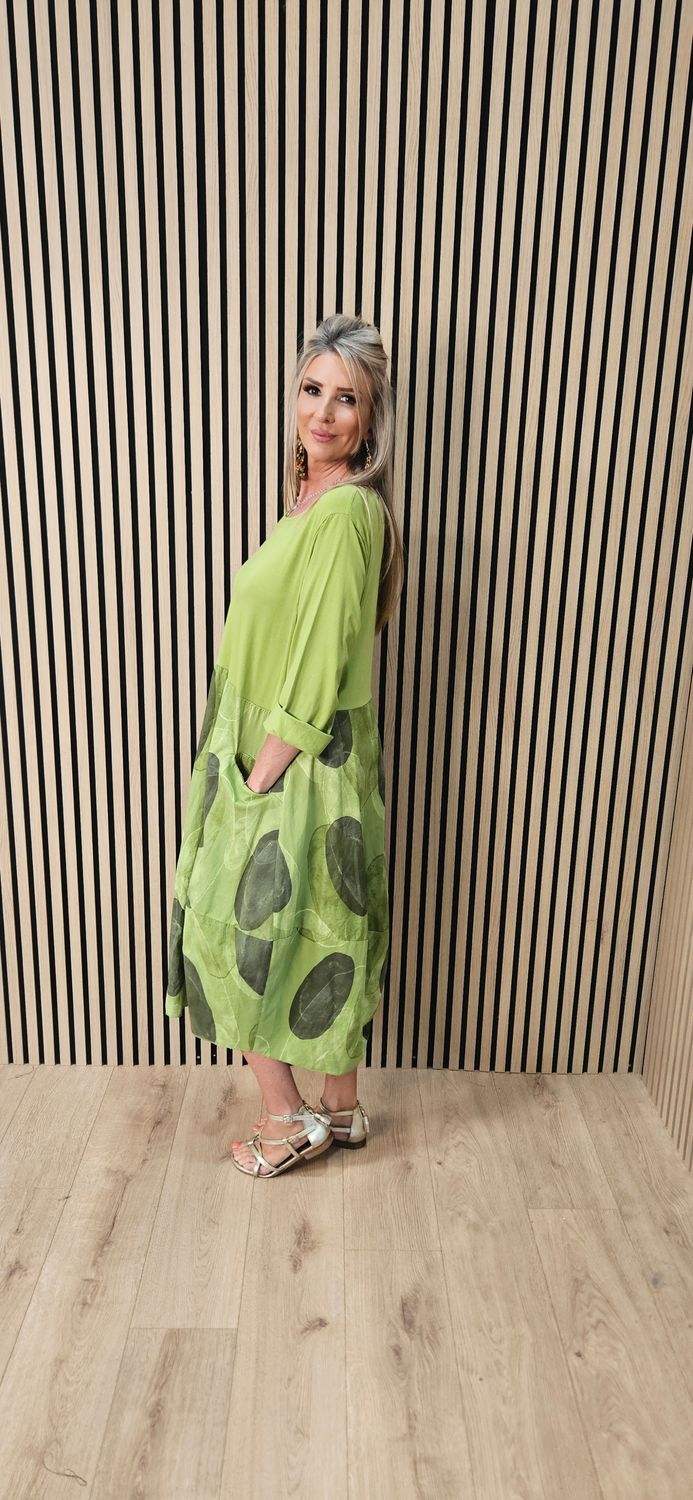 Abstract Spot Print Cotton Dress – Lime
