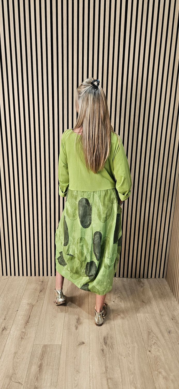 Abstract Spot Print Cotton Dress – Lime