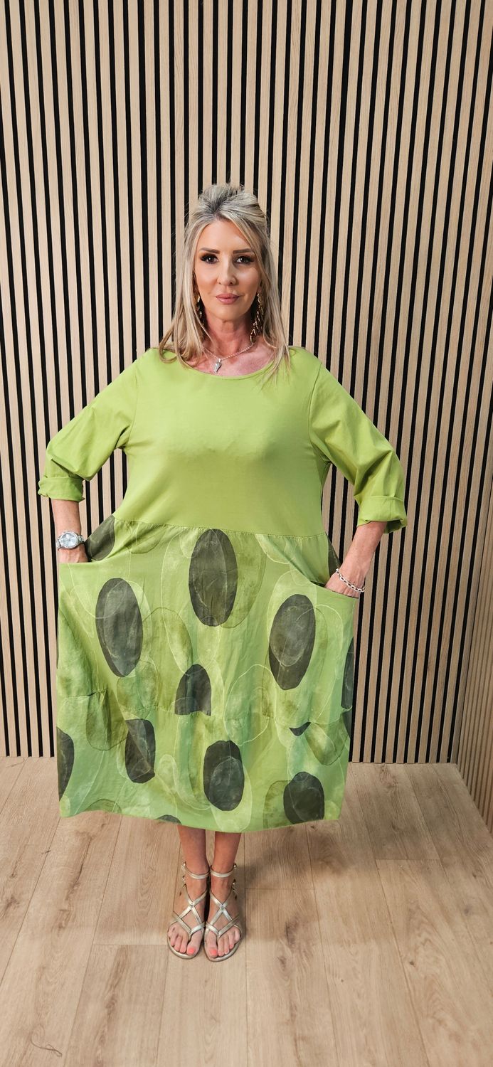 Abstract Spot Print Cotton Dress – Lime