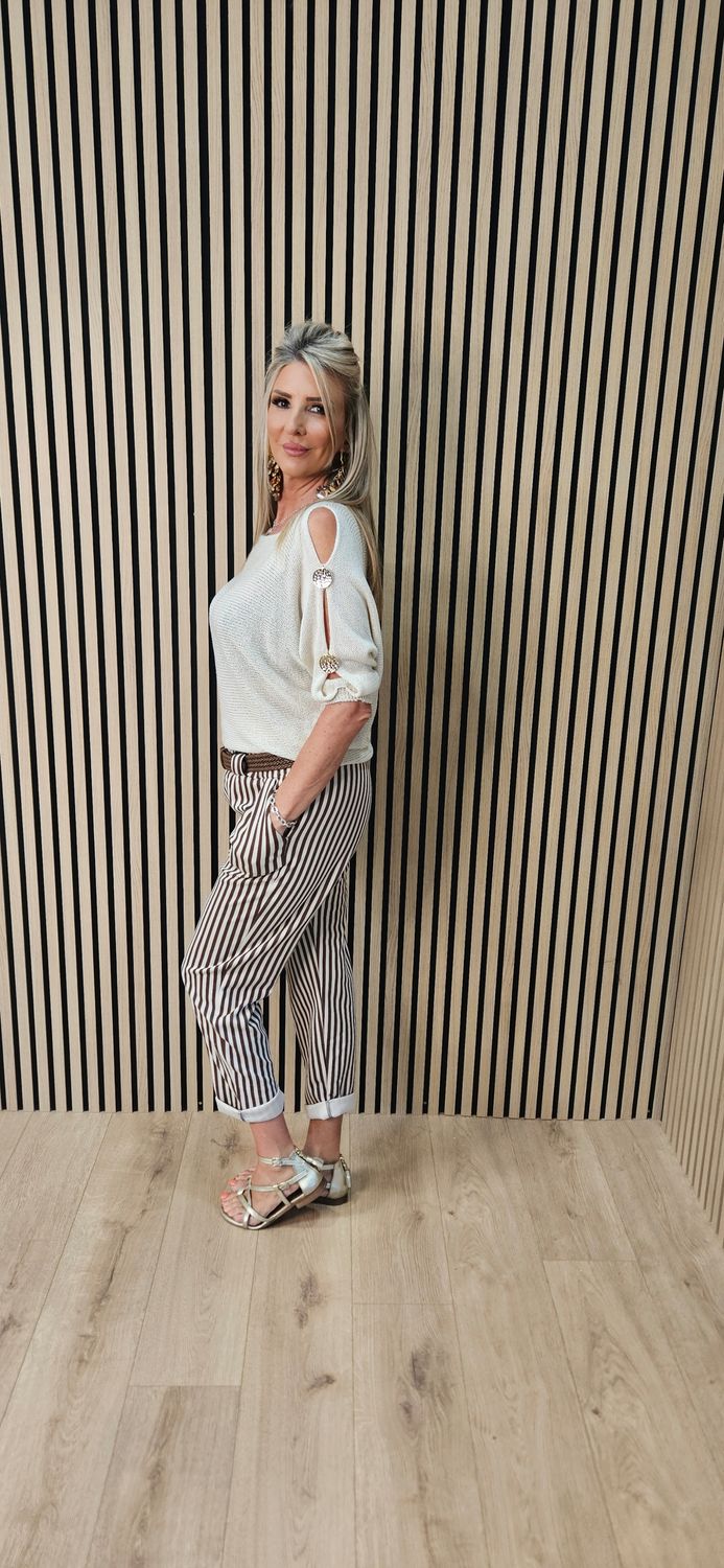 Stripe Belted Stretch Trousers – Chocolate/Cream