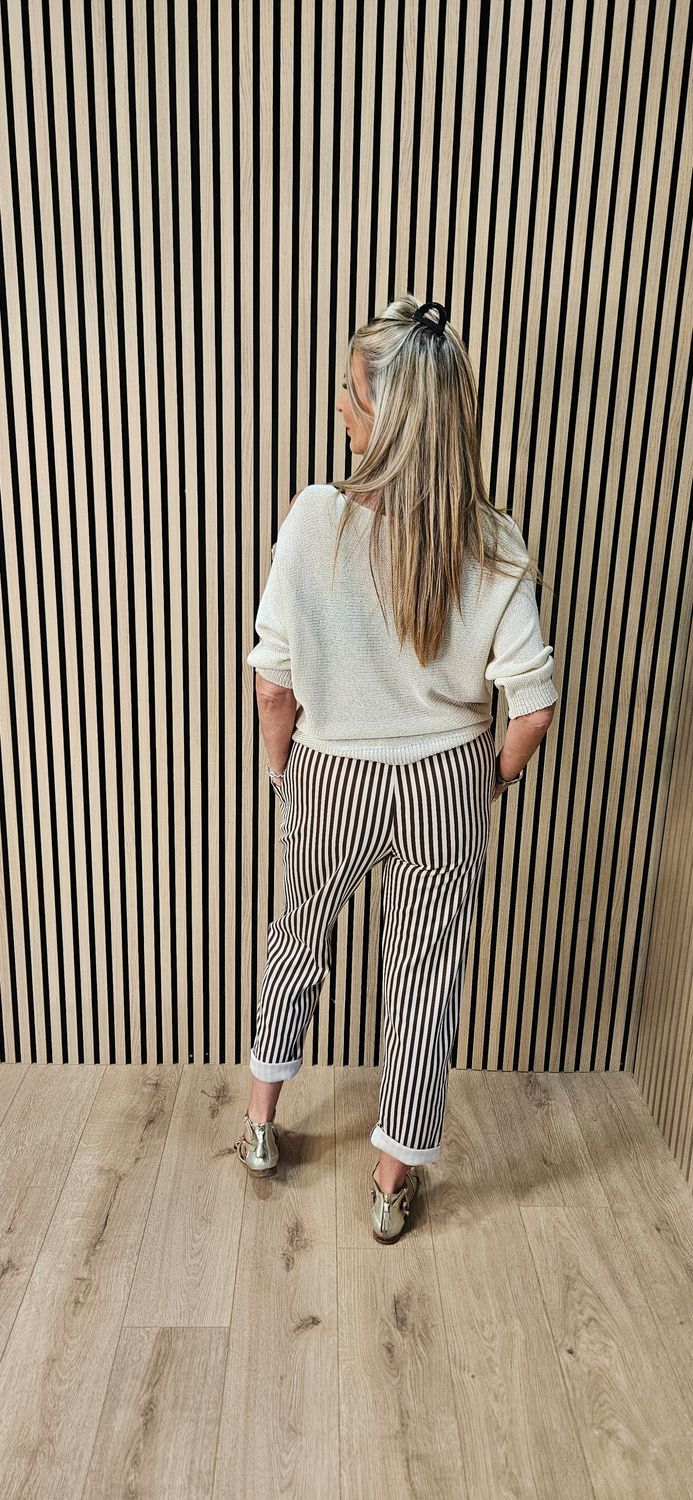 Stripe Belted Stretch Trousers – Chocolate/Cream
