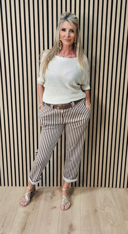 Stripe Belted Stretch Trousers – Chocolate/Cream