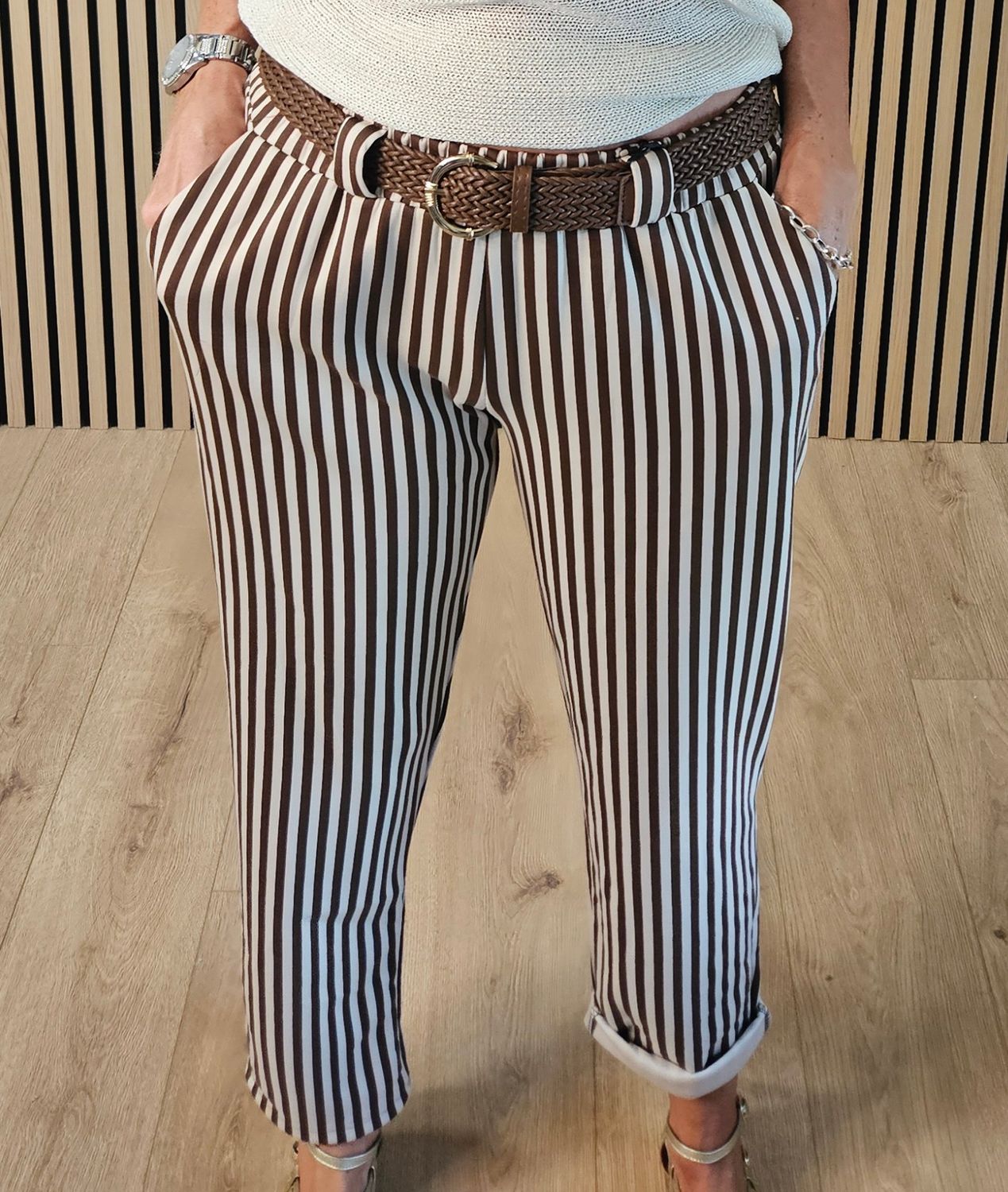 Stripe Belted Stretch Trousers – Chocolate/Cream