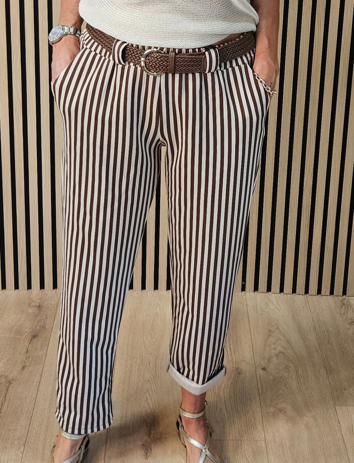 Stripe Belted Stretch Trousers – Chocolate/Cream