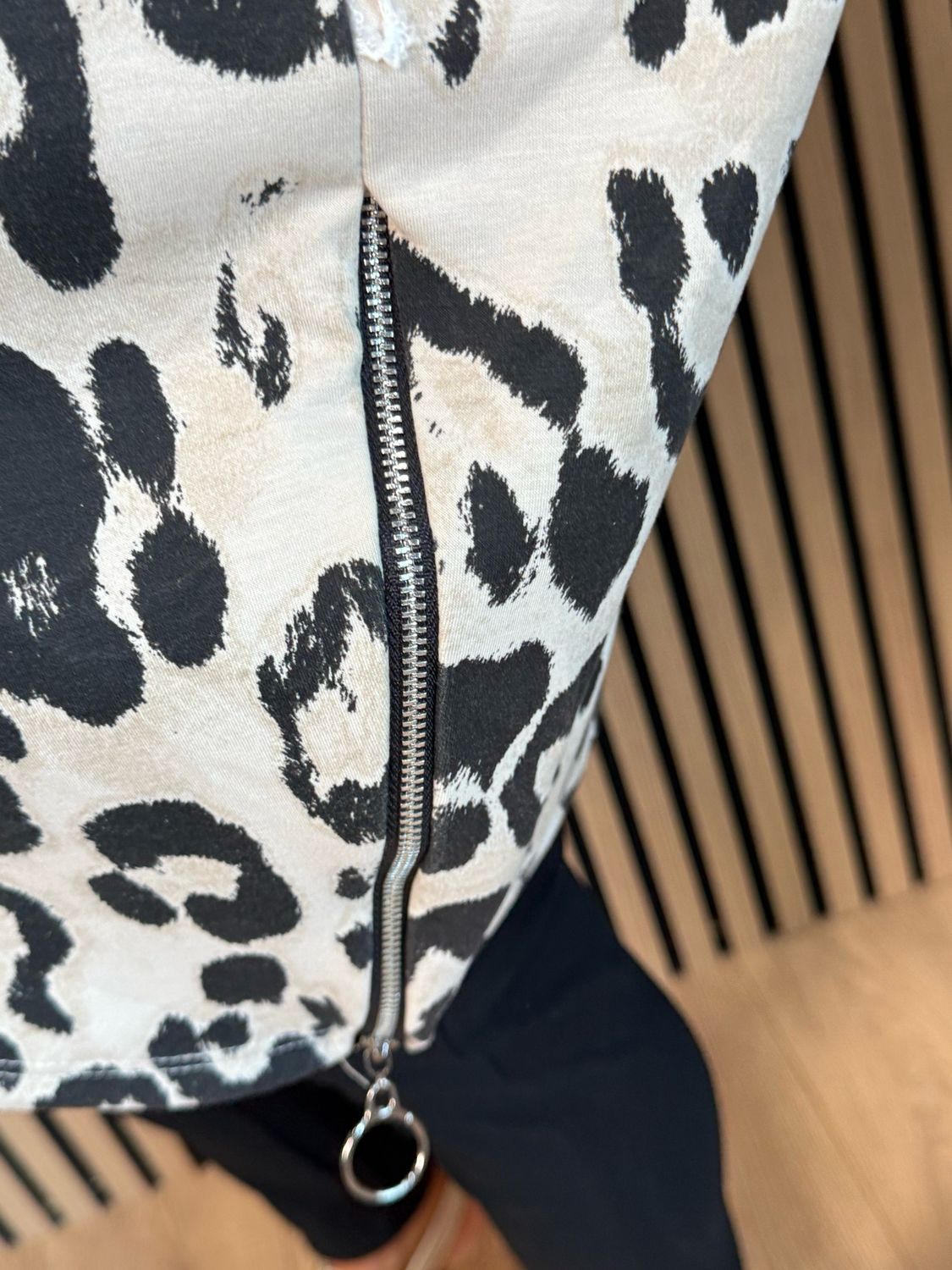 Leopard Print Zip Detail Top - Taupe/Black