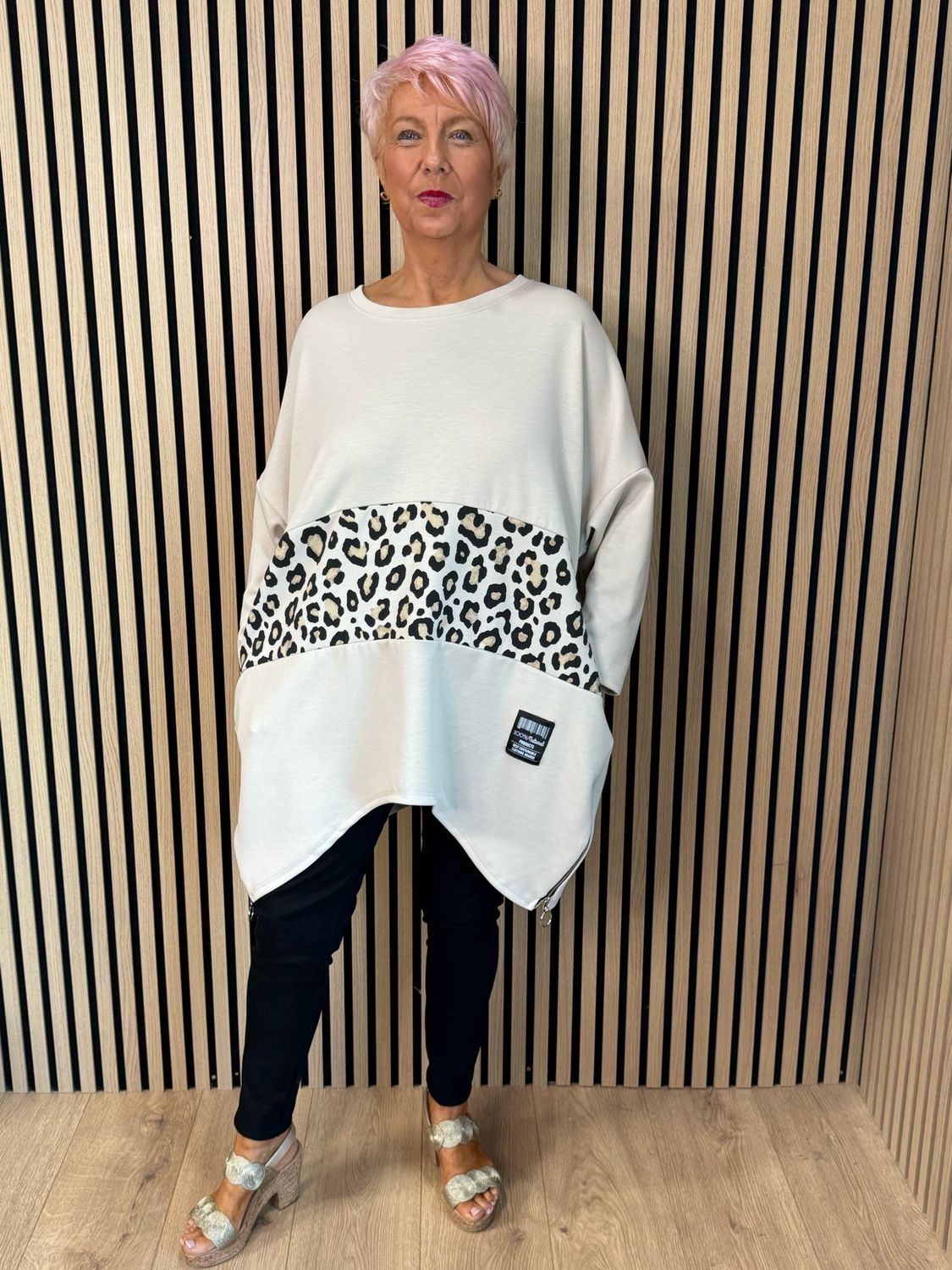 Leopard Print Panel Oversized Jumper - Beige/Black