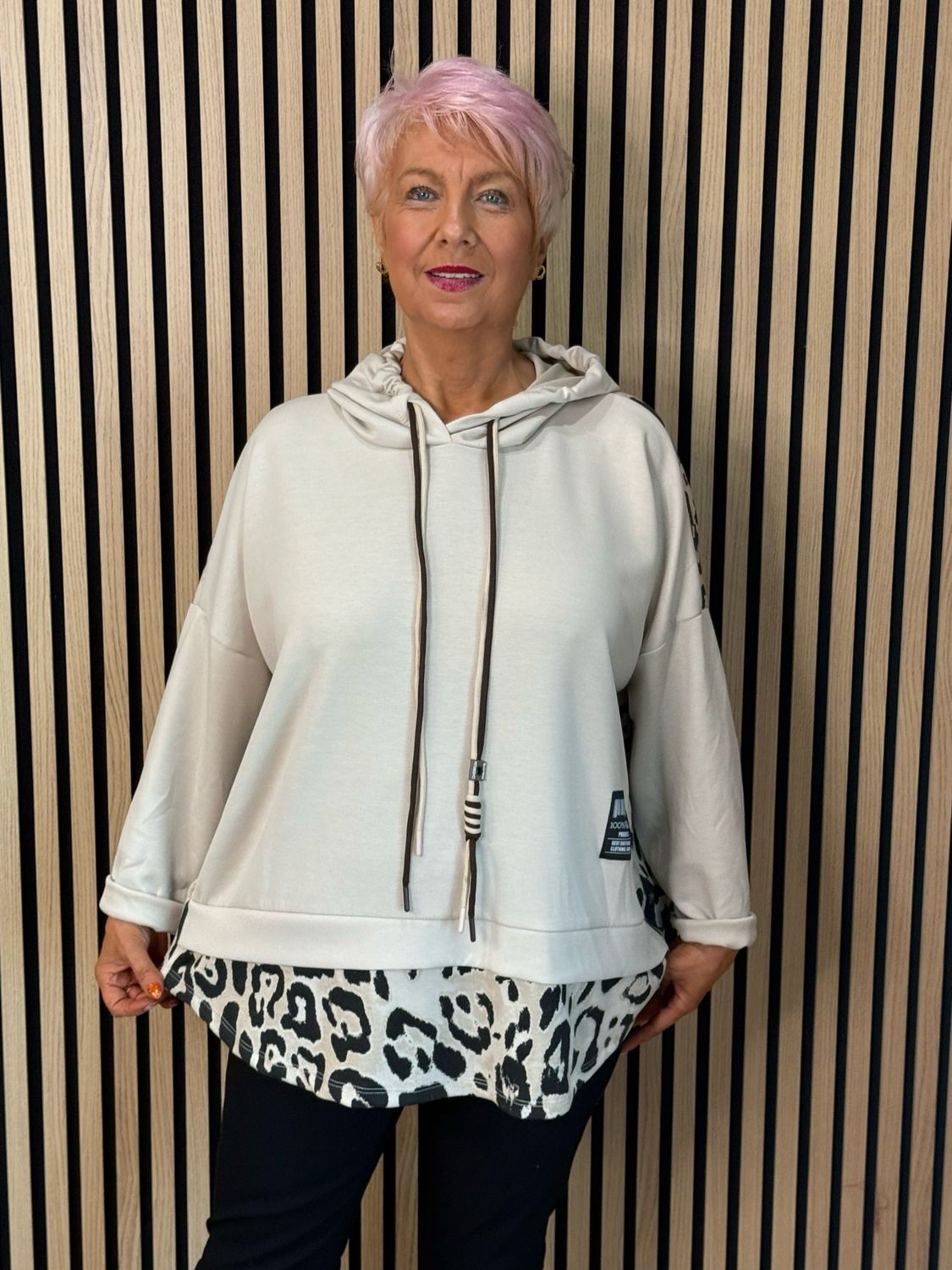 Leopard Print Layered Hoodie - Beige