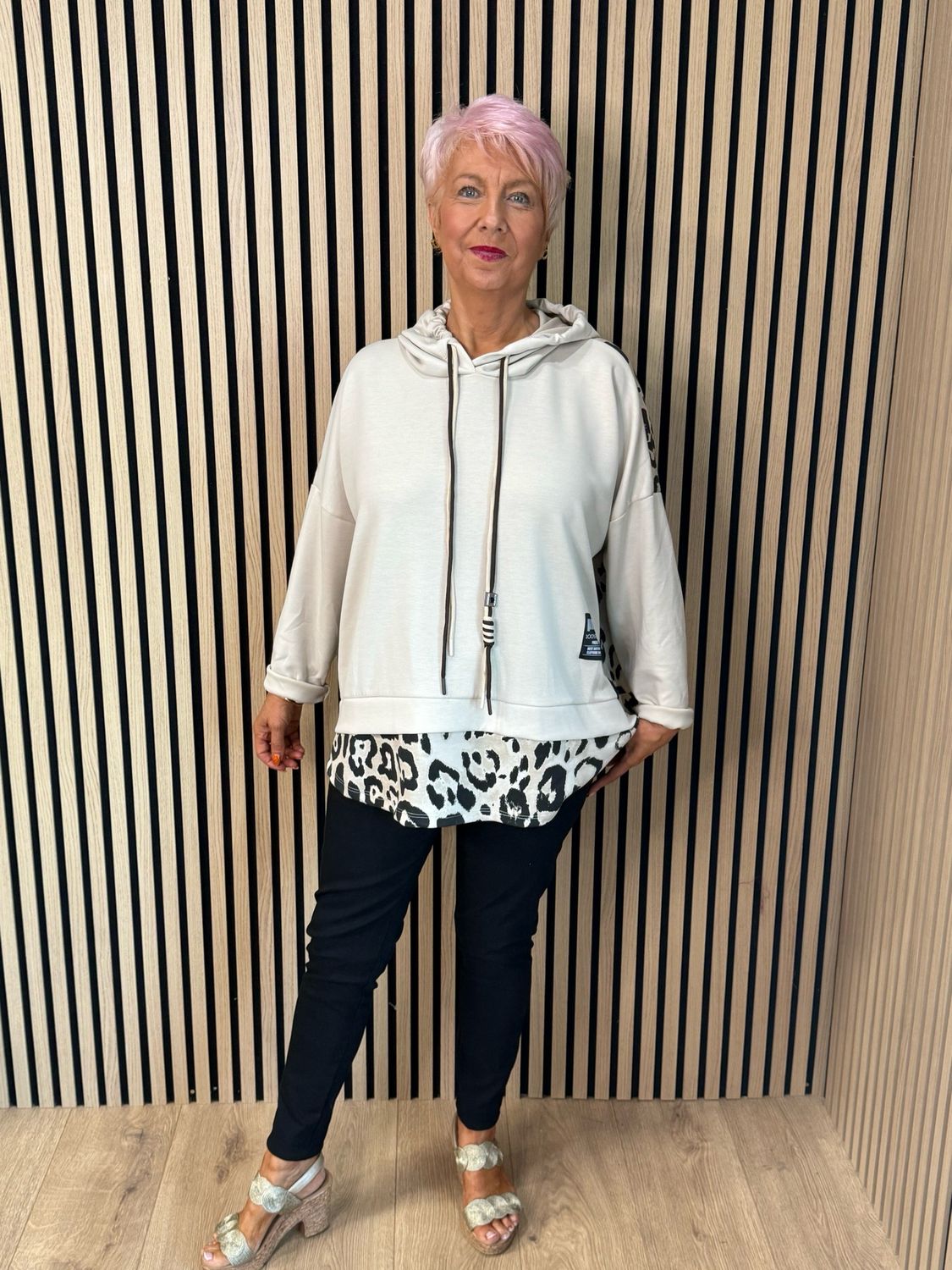 Leopard Print Layered Hoodie - Beige