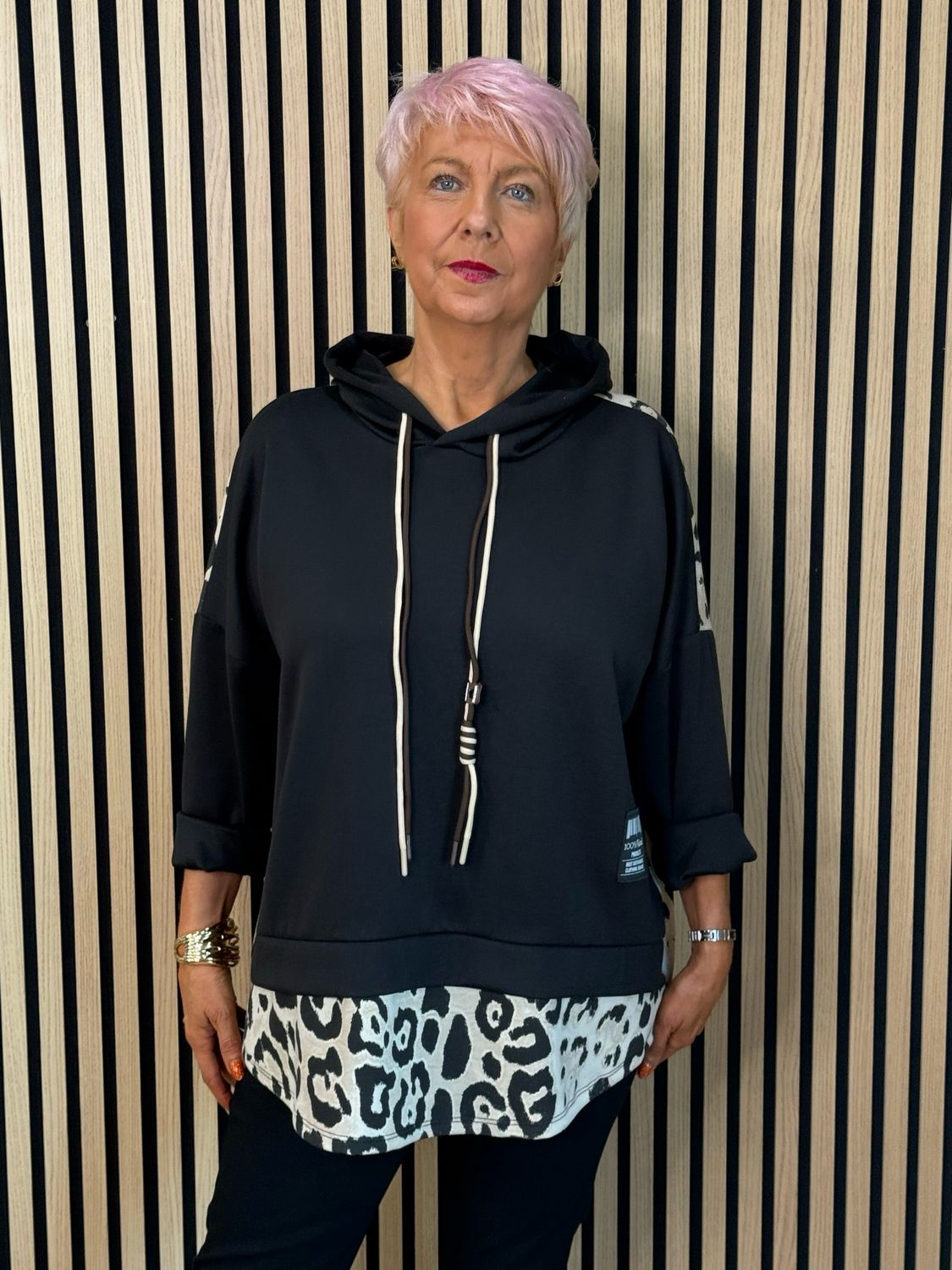 Leopard Print Layered Hoodie - Black