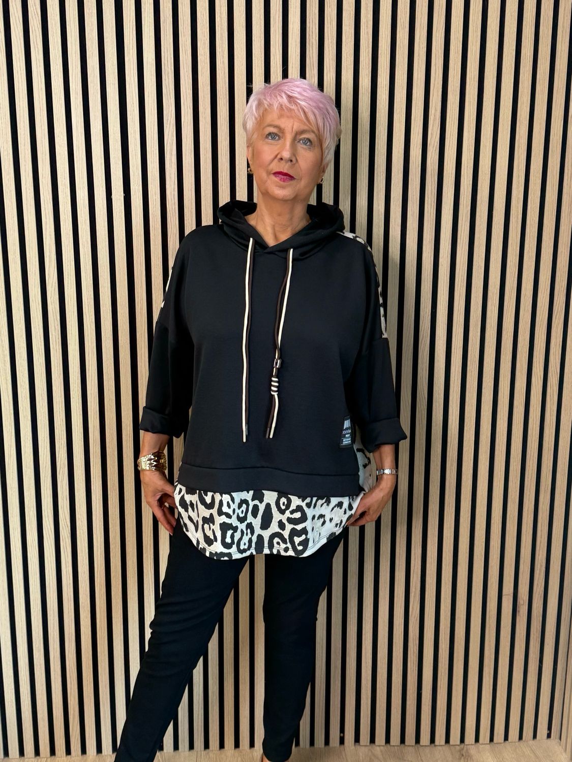 Leopard Print Layered Hoodie - Black