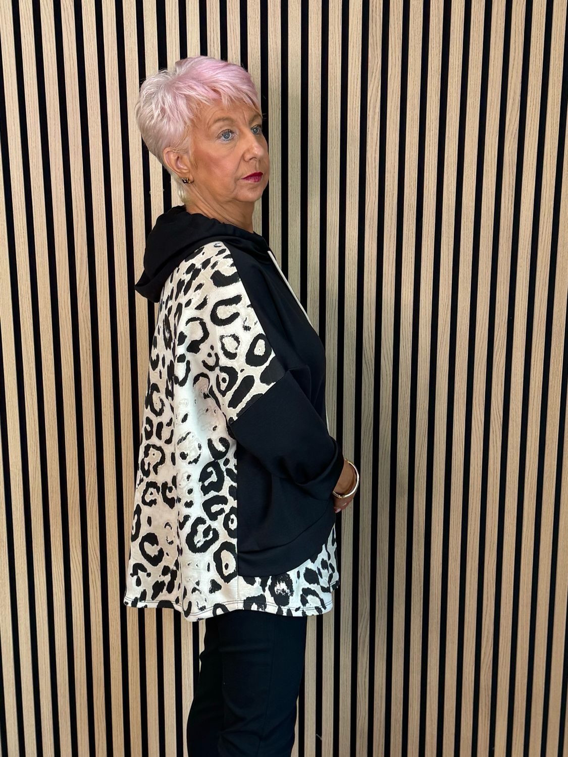 Leopard Print Layered Hoodie - Black