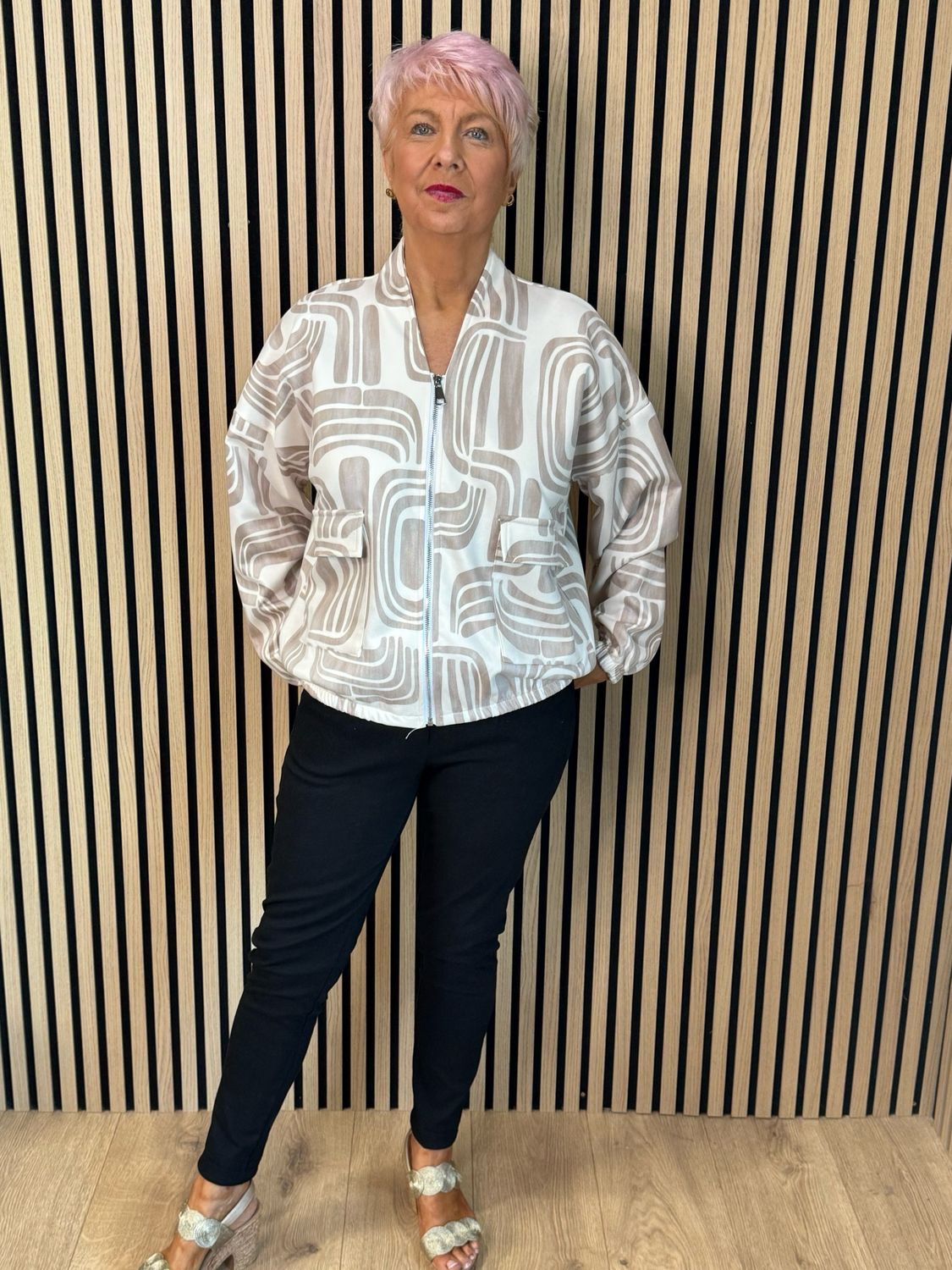 Abstract Print Zip-Up Jacket - Cream/Taupe