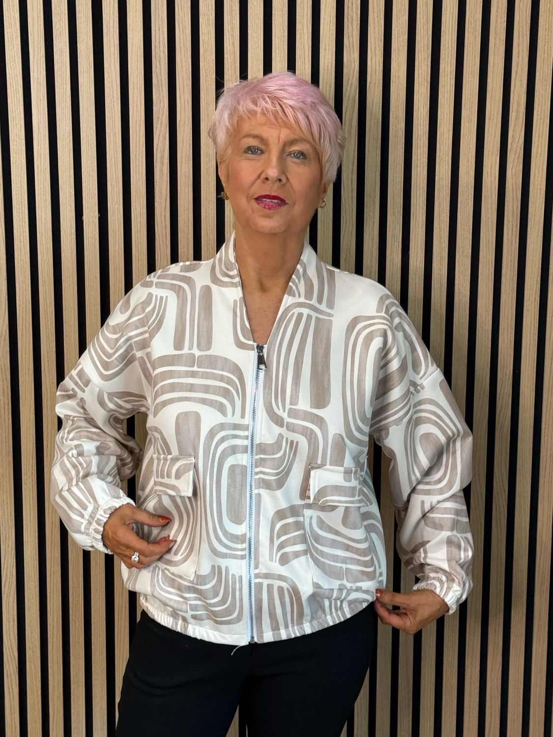 Abstract Print Zip-Up Jacket - Cream/Taupe