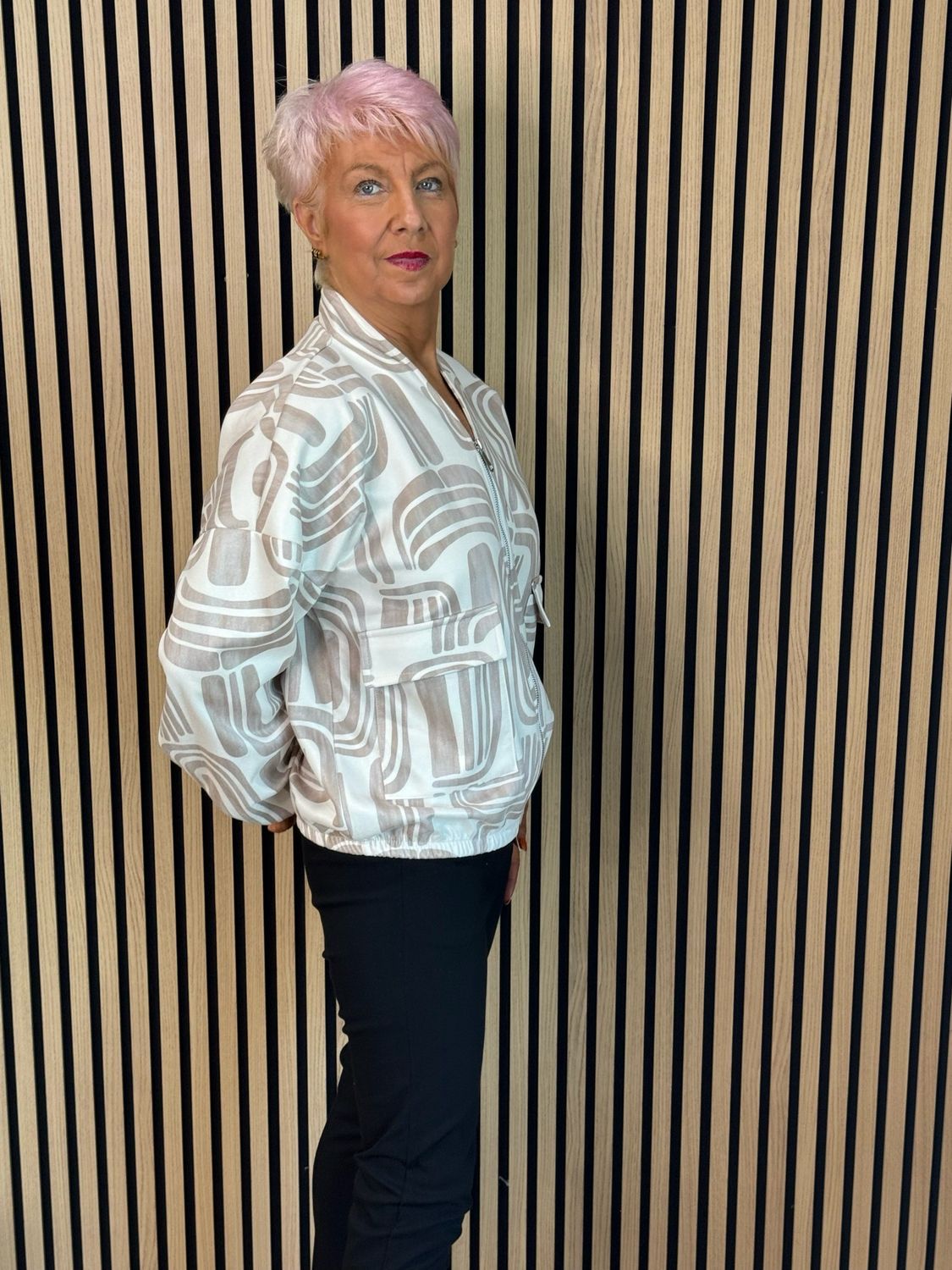 Abstract Print Zip-Up Jacket - Cream/Taupe