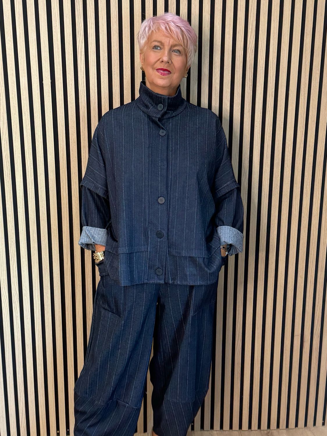 Denim Pinstripe Trouser Suit - Navy