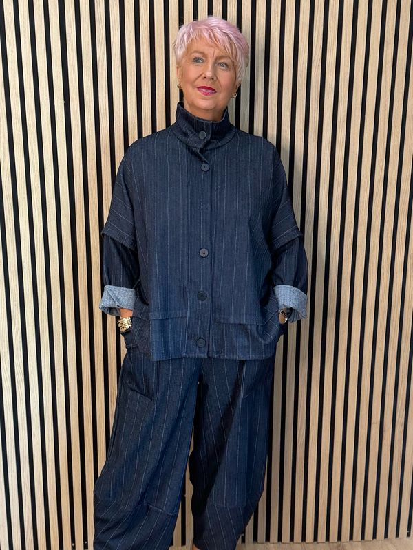 Denim Pinstripe Trouser Suit - Navy