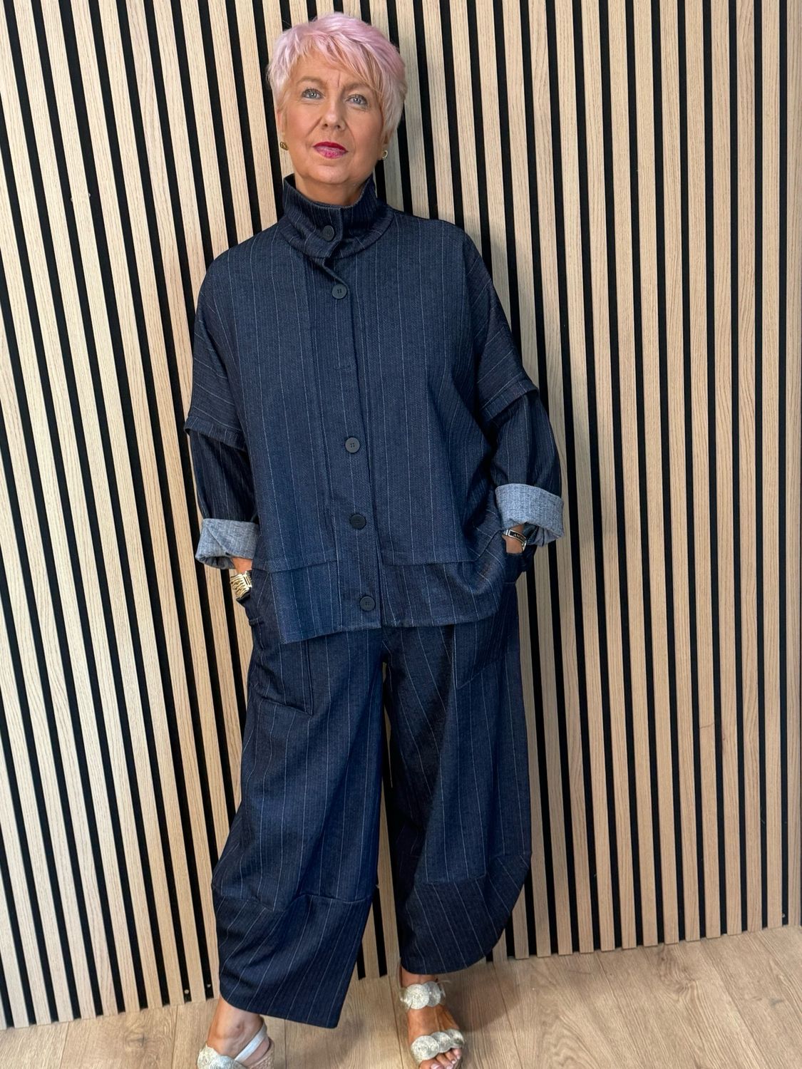 Denim Pinstripe Trouser Suit - Navy
