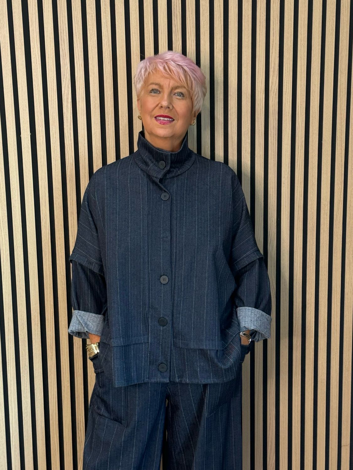 Denim Pinstripe Trouser Suit - Navy