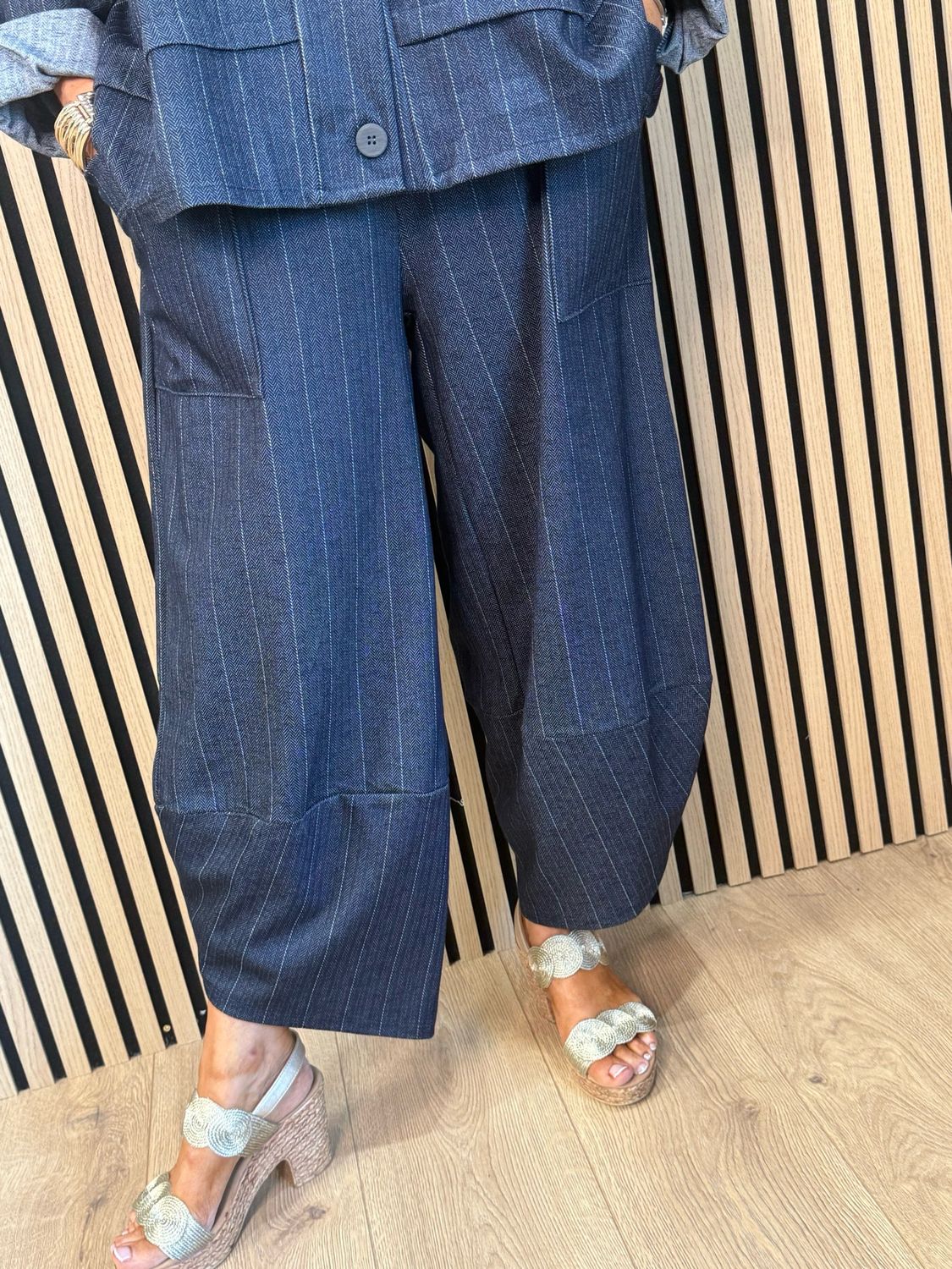 Denim Pinstripe Trouser Suit - Navy