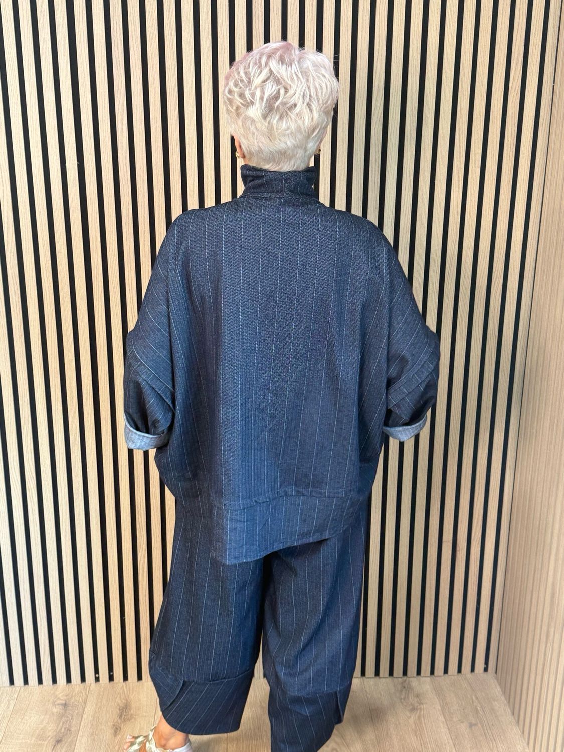Denim Pinstripe Trouser Suit - Navy