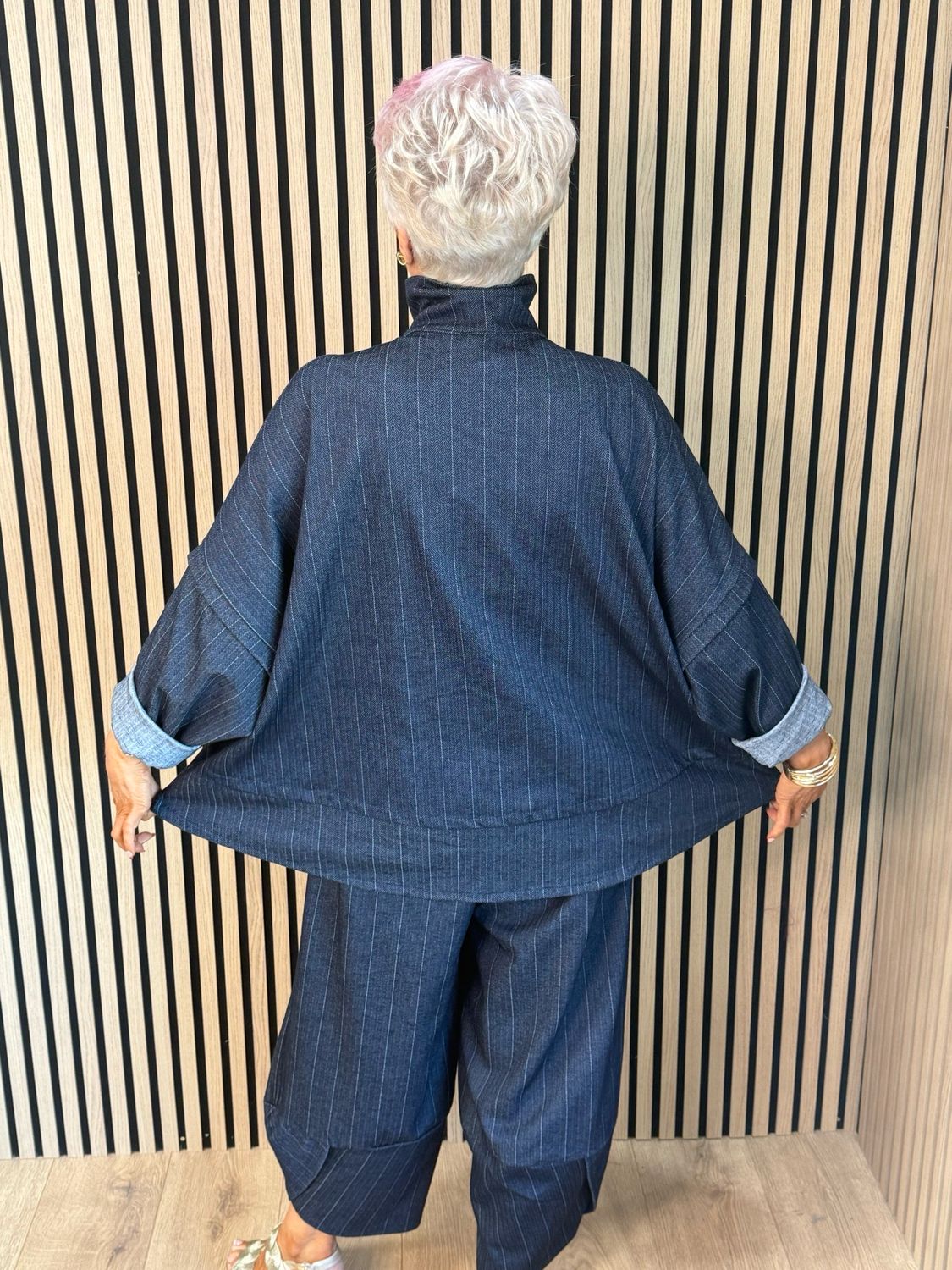 Denim Pinstripe Trouser Suit - Navy