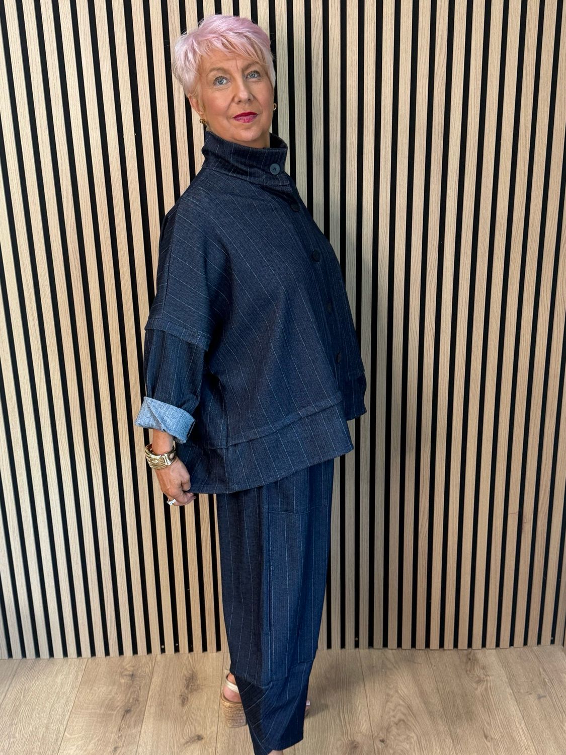 Denim Pinstripe Trouser Suit - Navy