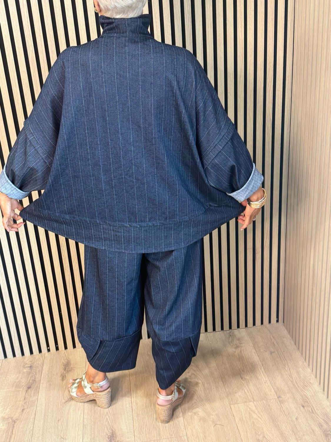 Denim Pinstripe Trouser Suit - Navy