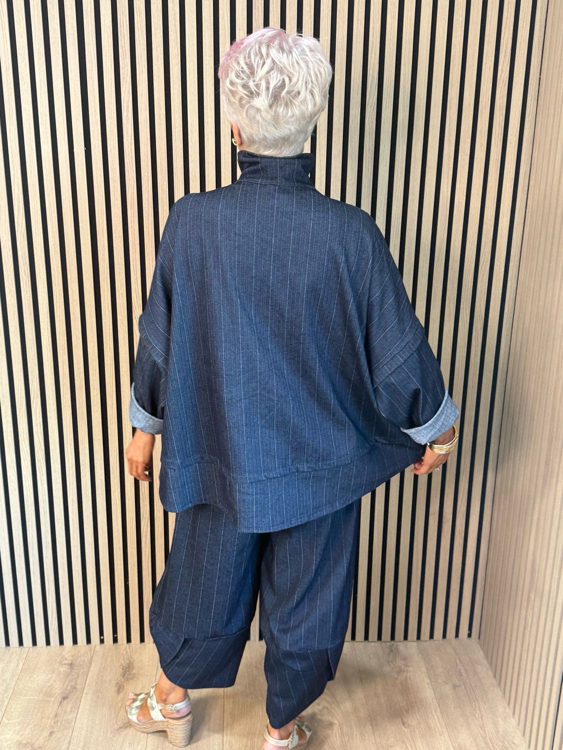 Denim Pinstripe Trouser Suit - Navy