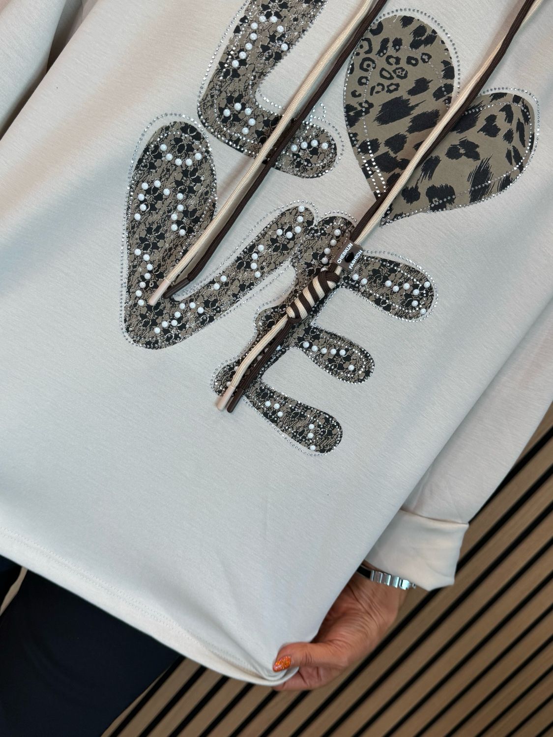 Leopard LOVE embellished Hoodie - Cream