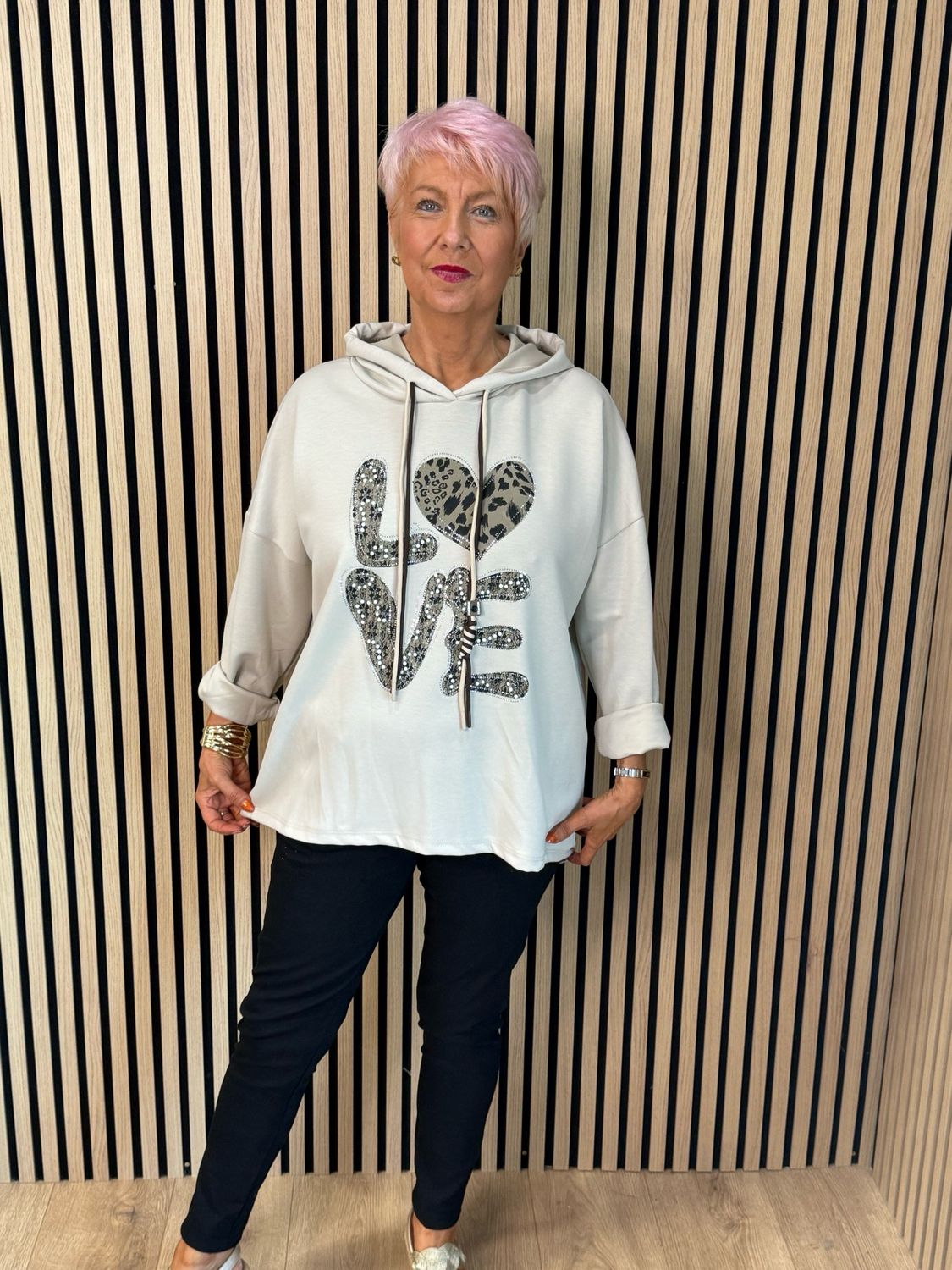 Leopard LOVE embellished Hoodie - Cream