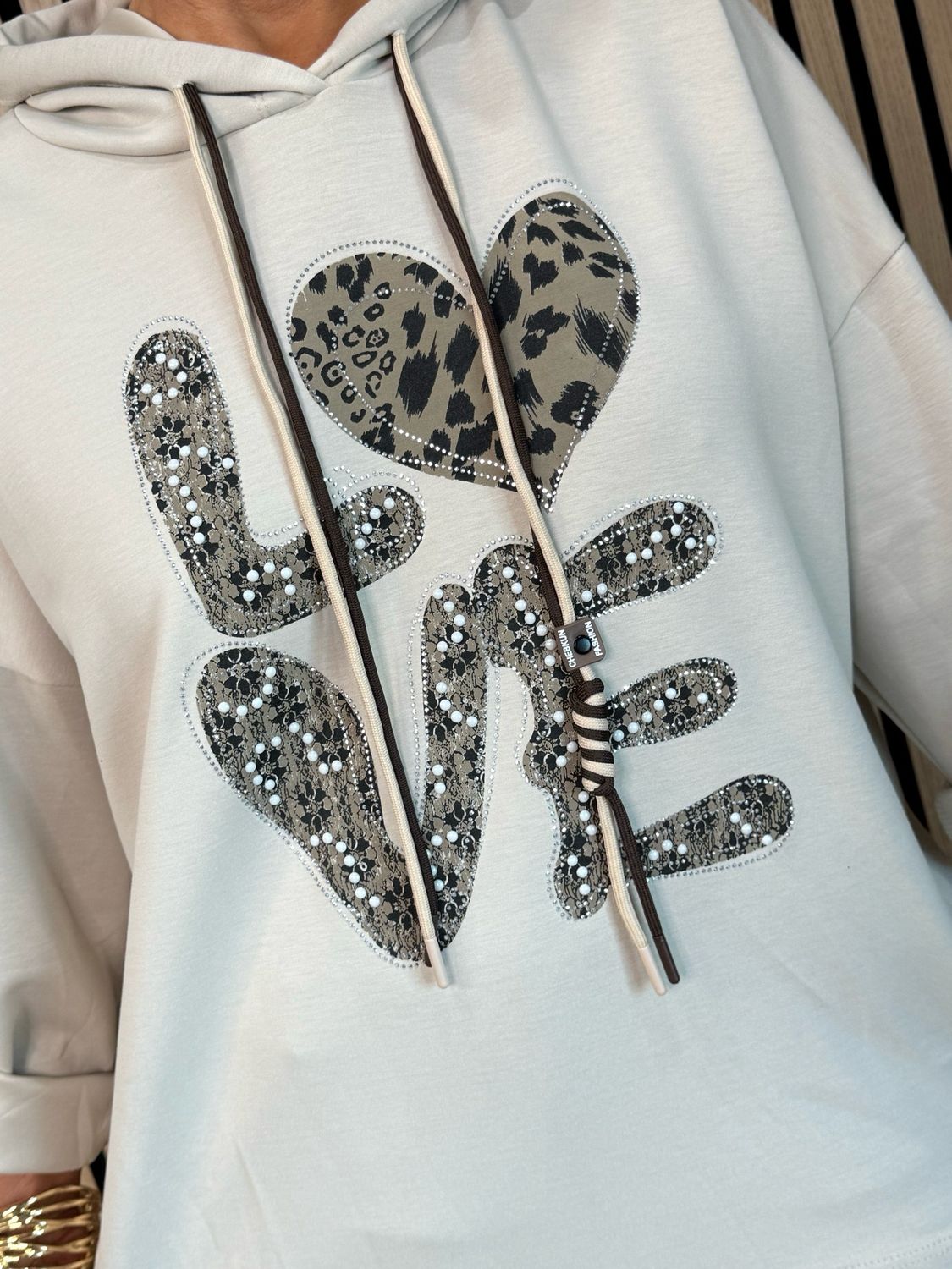 Leopard LOVE embellished Hoodie - Cream