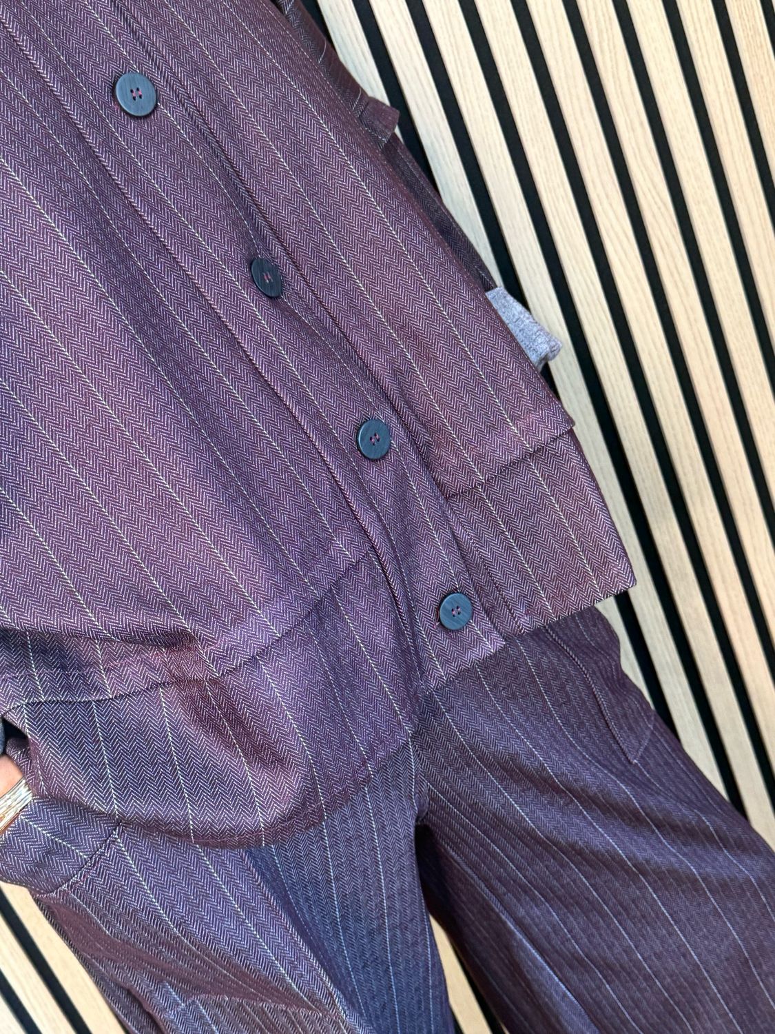 Denim Pinstripe Trouser Suit - Burgundy