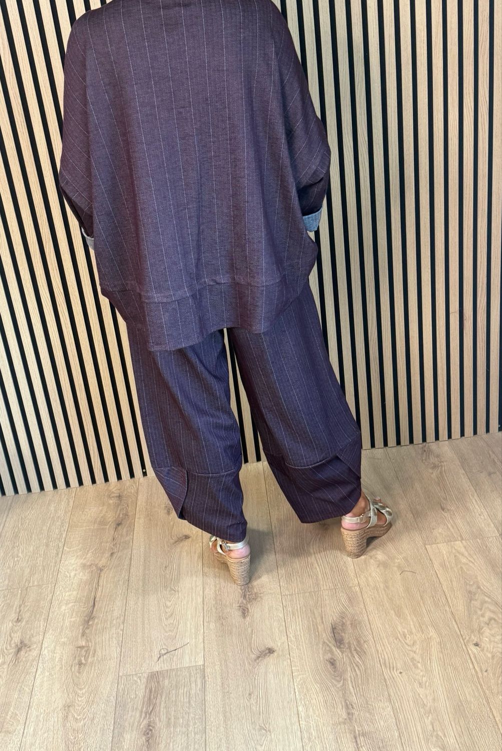 Denim Pinstripe Trouser Suit - Burgundy