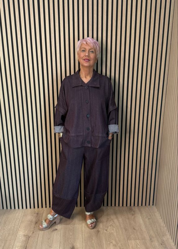 Denim Pinstripe Trouser Suit - Burgundy