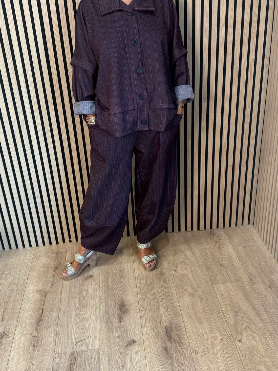 Denim Pinstripe Trouser Suit - Burgundy
