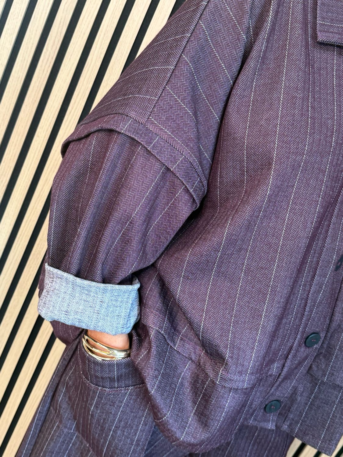 Denim Pinstripe Trouser Suit - Burgundy