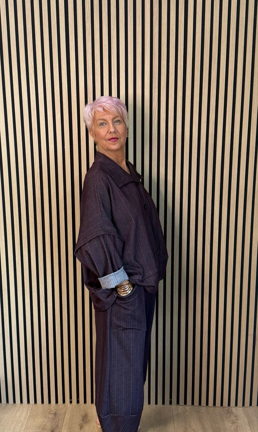 Denim Pinstripe Trouser Suit - Burgundy