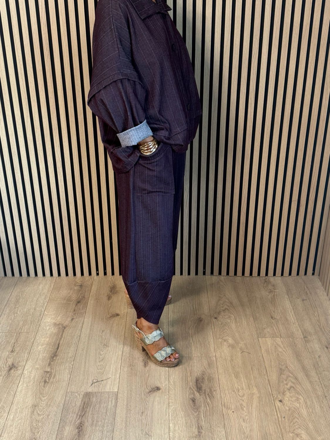 Denim Pinstripe Trouser Suit - Burgundy